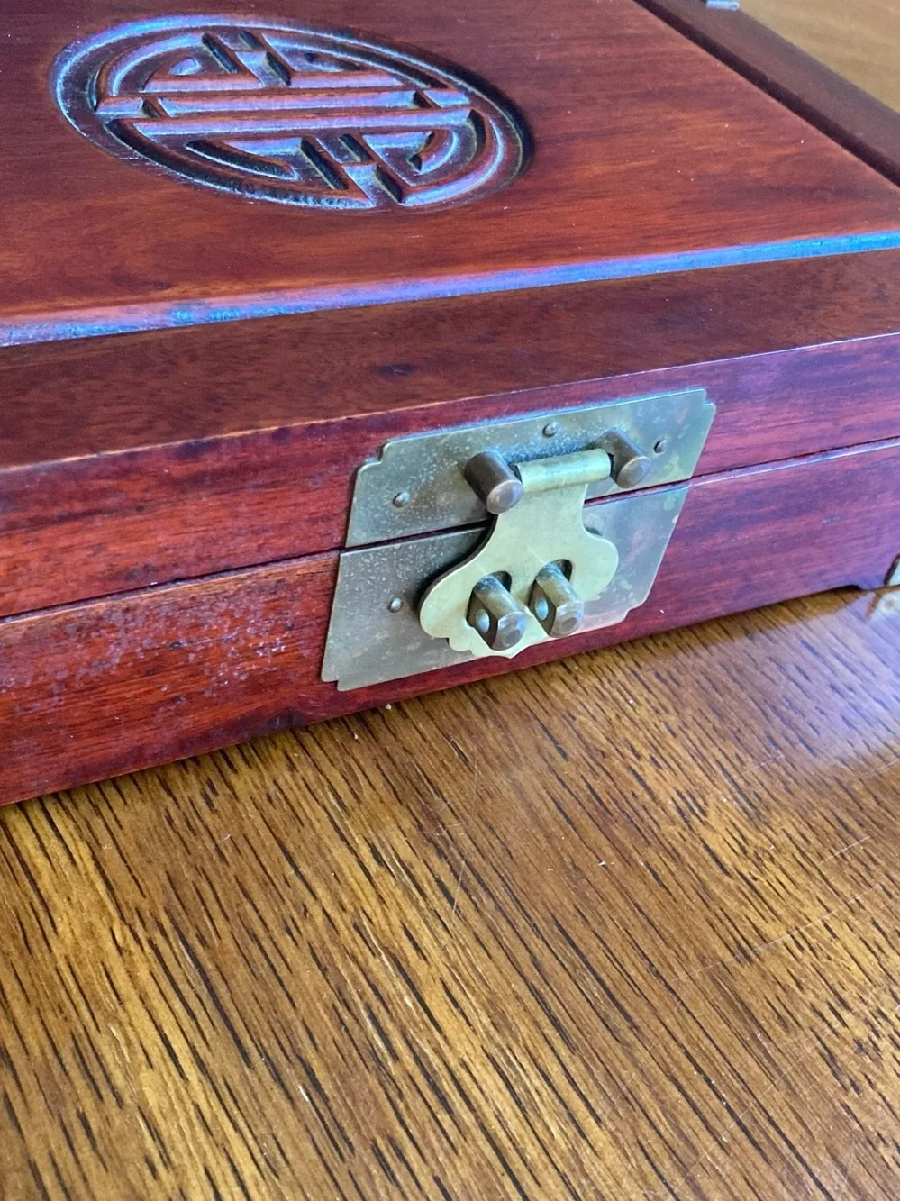 Antique Chinese Rosewood Brass Wooden Jewelry Keepsake Box Mid Century Elegance